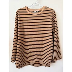 Mod Ref Womens Tan Black Striped Long Sleeve Crew Neck Top Medium Relaxed Fit